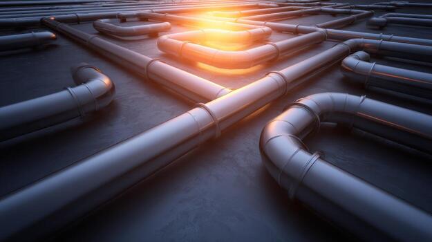 Metallic pipes forming complex network illuminated by bright overhead light photo