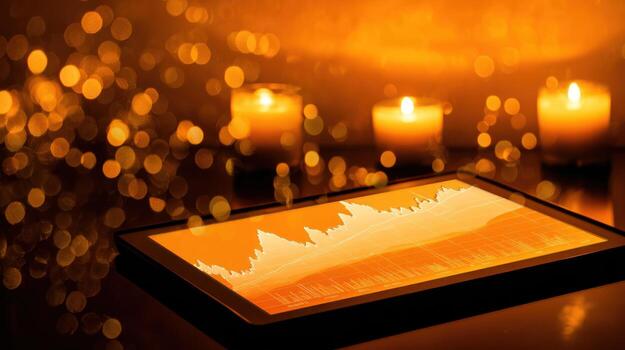 Tablet displaying chart near candles with bokeh effect in warm orange hues photo