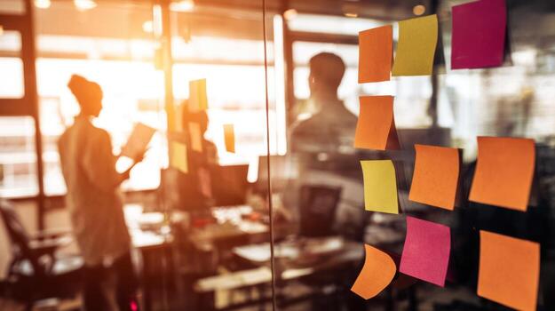 Blurred view of team members brainstorming with sticky notes on glass photo