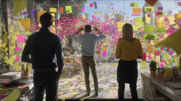 Three people stand before a wall of sticky notes in a bright office photo