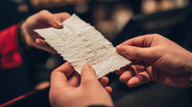 Hands exchanging a receipt against a blurred background close up view photo