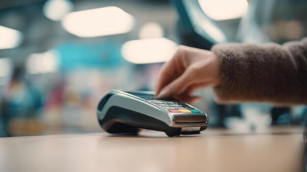 cerca arriba de mano pago con tarjeta a terminal en Al por menor ajuste foto