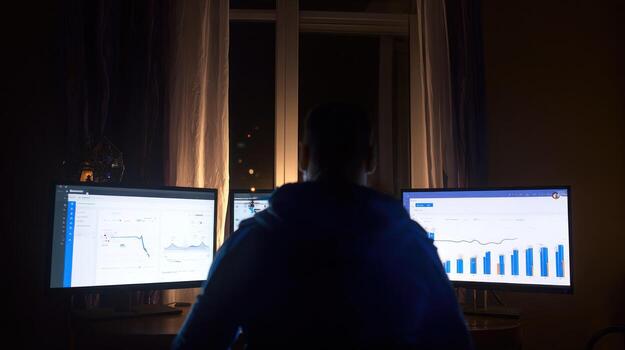Person working at computer night silhouette financial analysis photo
