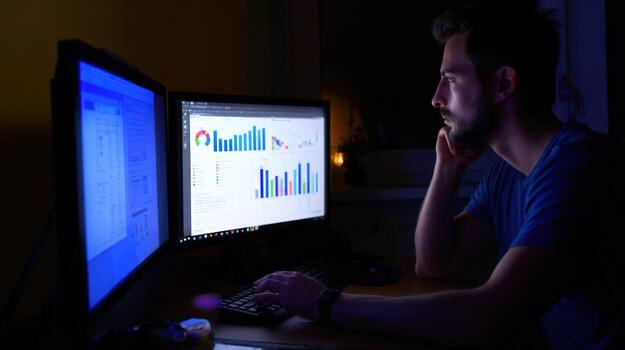 Man working on computer at night with illuminated screens indoors photo