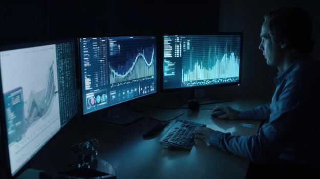 Analyst working with data visualization on multiple computer monitors photo