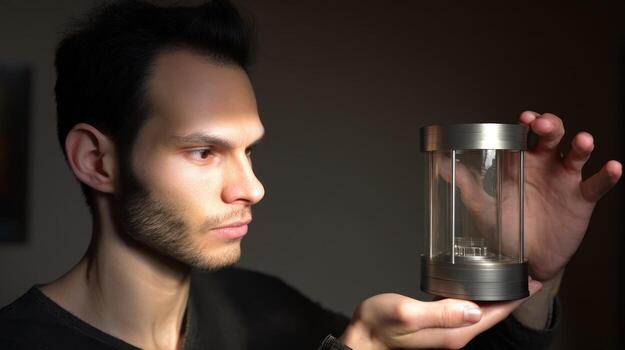 Man holding a metallic container with focused expression and strong lighting photo
