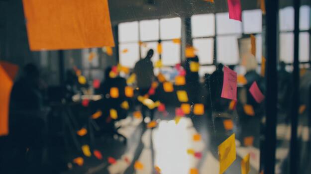 Blurred office scene with colorful sticky notes and silhouetted people photo