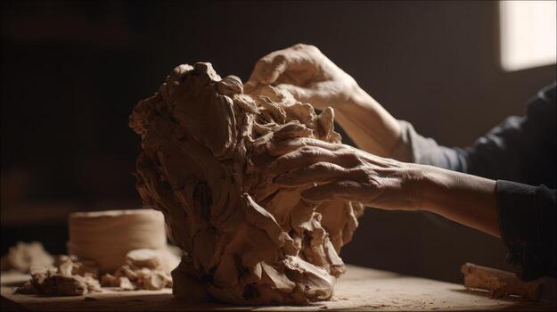 Sculptor shaping clay artwork in studio close up studio artwork concept photo