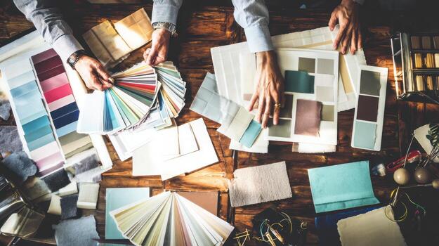 Hands selecting color swatches for design project on wooden table photo