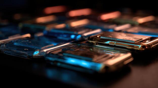 Close up of numerous electronic devices reflecting colored light and shadows photo