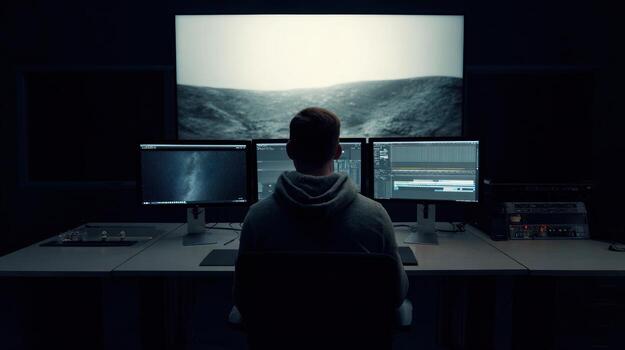 Man in dark room reviewing on multiple computer screens photo