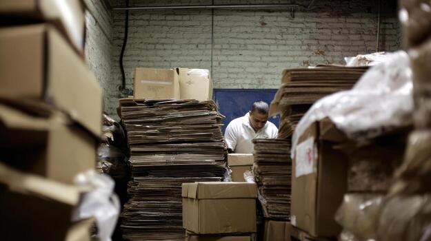 Warehouse worker amidst stacks of cardboard boxes in a dimly lit storage space photo