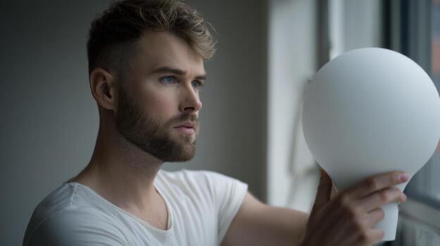 Man near window holds white object natural lighting thoughtful expression photo