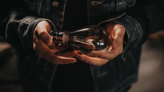 Person holding illuminated light bulb idea innovation concept solution photo