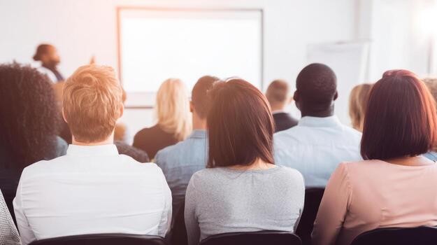 Audience in conference room attending presentation with projection screen photo