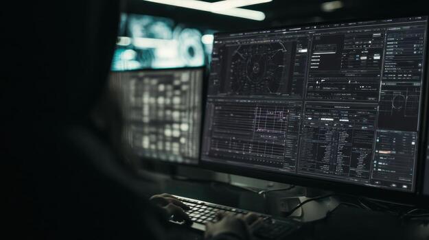 persona trabajando en computadora pantallas mostrando código y datos foto