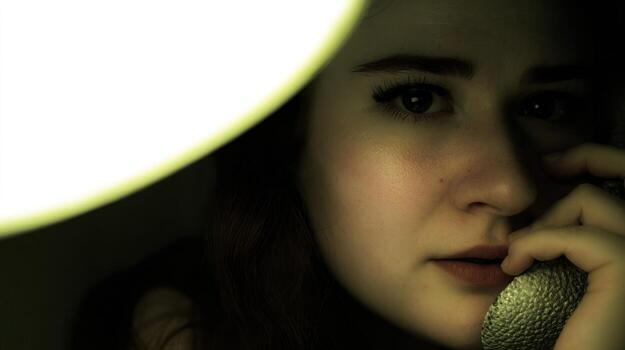 Woman holding microphone illuminated by soft studio lighting portrait photo