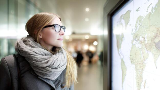 Woman viewing world map travel and information display concept photo
