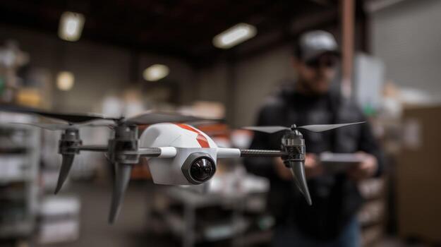 Modern drone technology in warehouse setting with person operating device photo