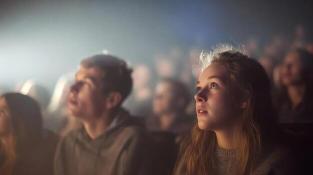 Audience watching a performance under dramatic lighting in dark venue photo