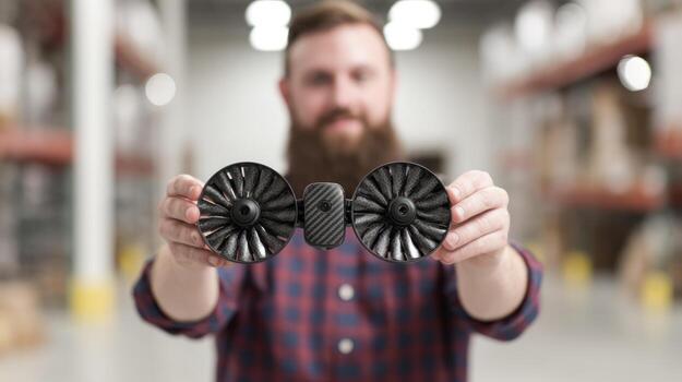 Man holding black fan like objects warehouse background commercial use photo