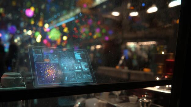 Tablet displaying data against blurred background with colorful lights photo