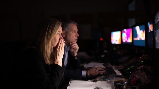 Two professionals analyze data on computer screens in dim environment photo