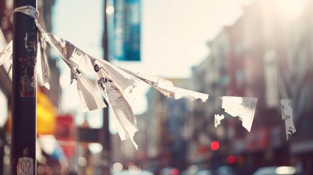 Tattered flyers on a pole against a blurred urban background with sunlight photo