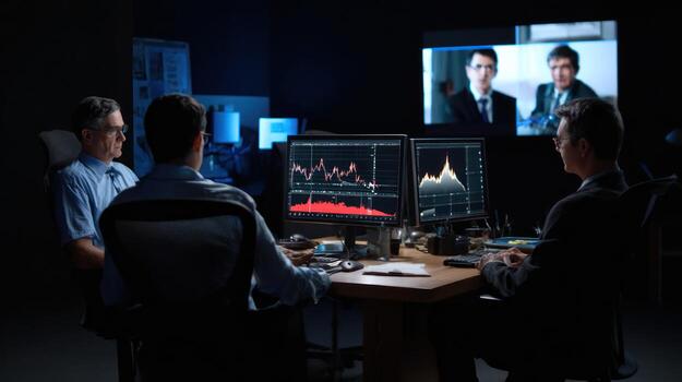 Business team analyzing data on computer screens during conference photo