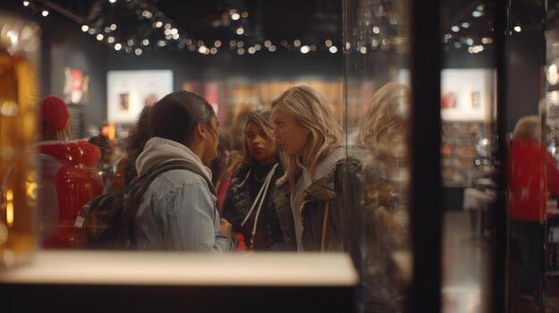 People interacting in store with reflective glass and soft lighting photo