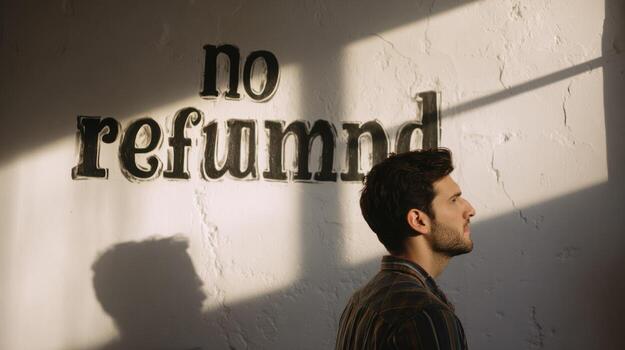 Man contemplates words on wall illuminated by sunlight concept focus photo