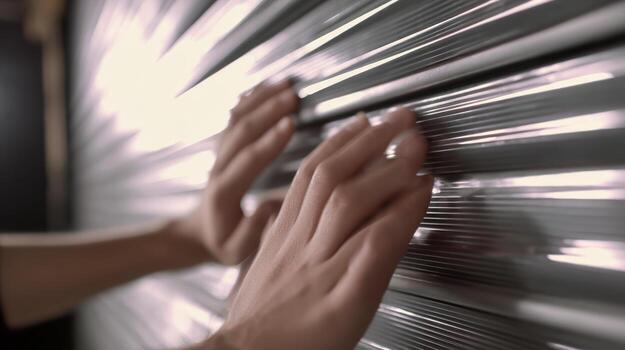 Hands reaching through venetian blinds with sunlight streaming photo