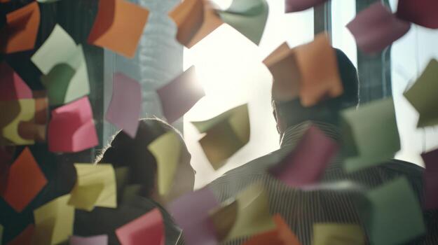 Person surrounded by colorful sticky notes in a bright office environment photo