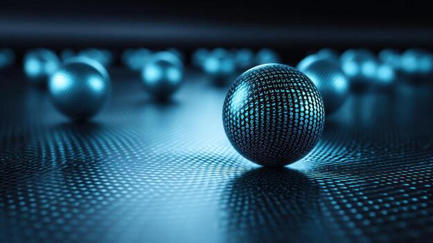 Abstract spheres arrangement with focus on a textured surface in blue lighting photo