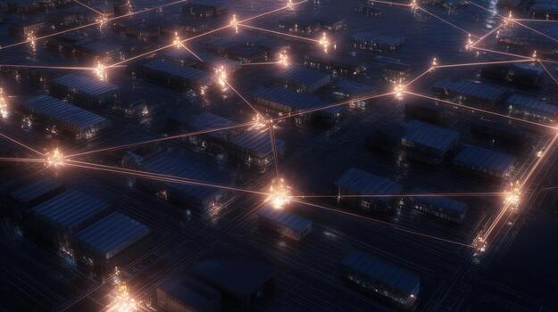 Connected network concept with luminous nodes over cityscape at night photo