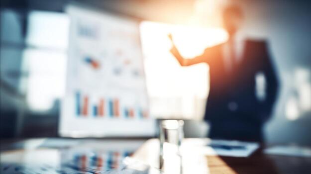 Blurred business presentation charts and figures with businessman in suit photo