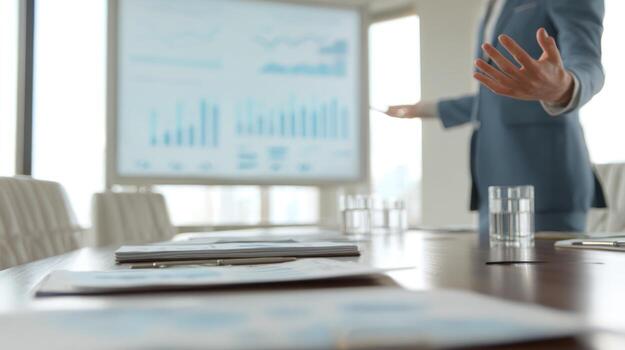 Business presentation in conference room with charts and data visualization photo