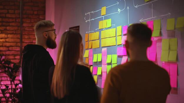 Team members reviewing project strategy on a wall with sticky notes photo