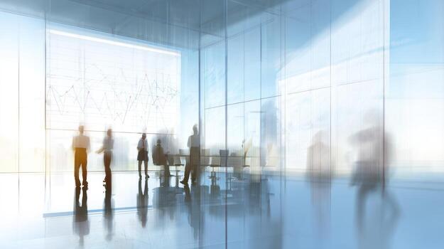 Blurred interior of modern office space with large windows and silhouettes photo
