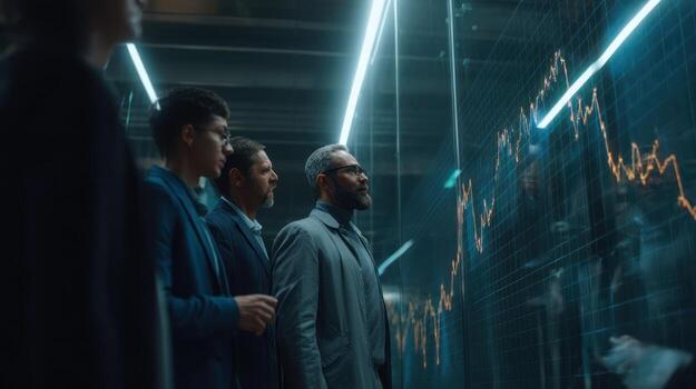 Business professionals analyzing financial data projected on a large screen photo