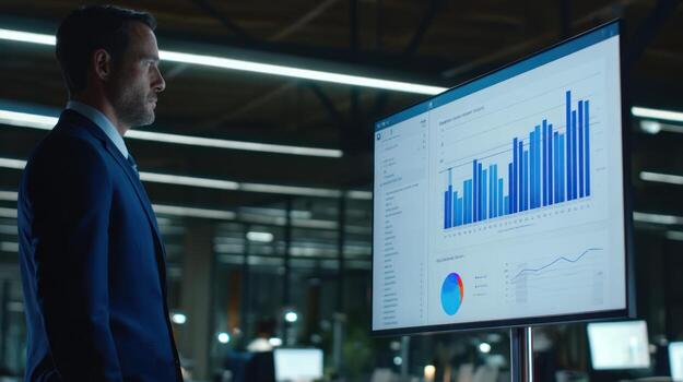 Businessman analyzing data on computer screen in modern office environment photo