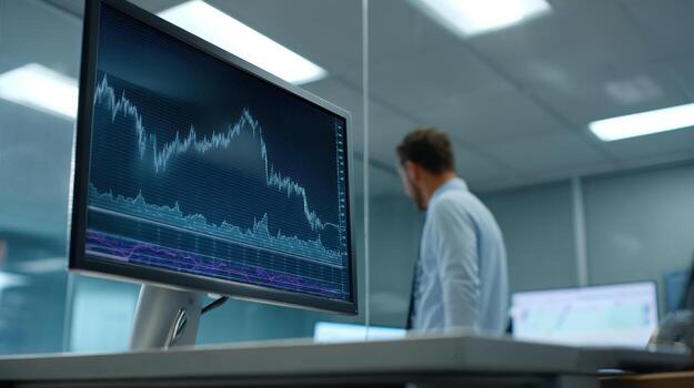 Stock market graph displayed on a computer screen in a modern office photo