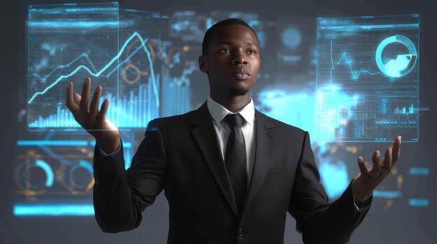 Businessman analyzing data visualizations in front of futuristic screen photo