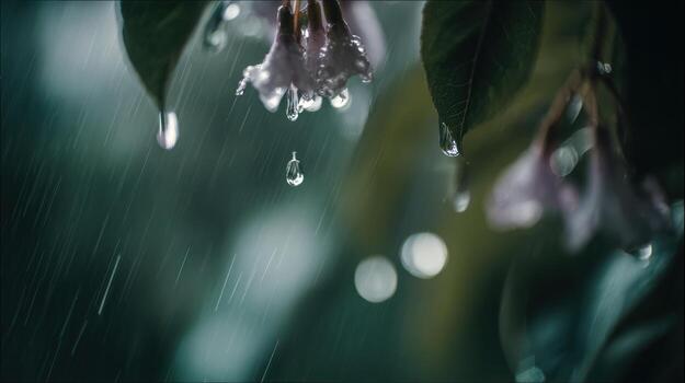 Close up of raindrops on plant leaves with soft focus bokeh background photo