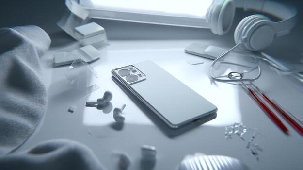 Smartphone and accessories in a clean composition with soft lighting and cool tones photo