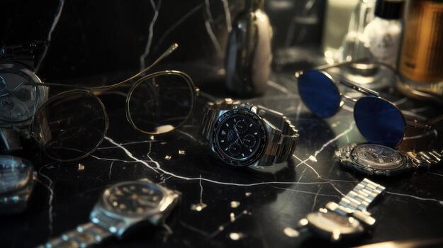 Luxury wristwatch collection with sunglasses displayed on dark textured surface photo