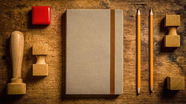 Notebook pencils stamps arranged on wooden surface flat lay design photo