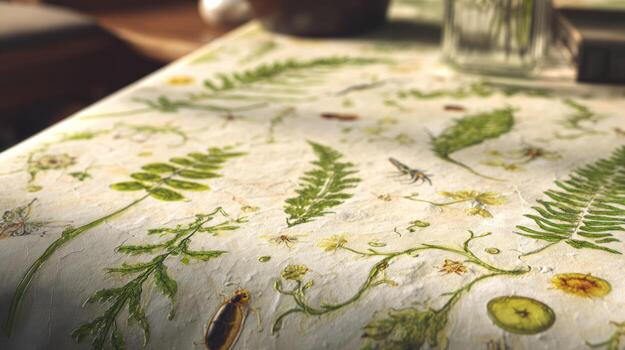 Close up of a floral pattern on a table cloth with natural light photo