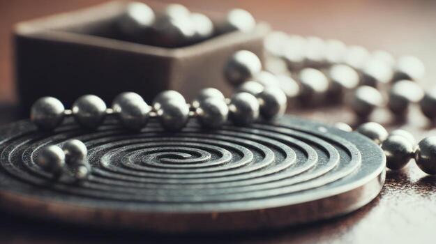 Close up of metallic beads and a coiled metal element with a shallow depth of field photo