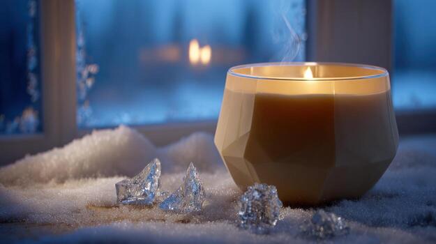 Lit candle on snowy windowsill creating warm ambiance in cool environment photo